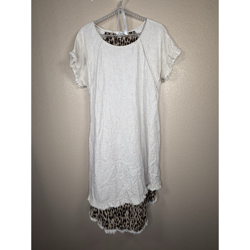 Umgee USA Leopard Print Contrast Back Womens Sz M Dress Fringe Hem Boho Tunic